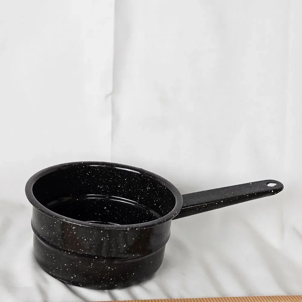 Old 1960s 3x6 Charcoal Gray White Speckled Vintage Enamelware One Quart Saucepan